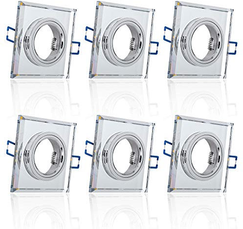 6x Glas Einbaustrahler mit LED Ring + GU10 Fassung ECKIG Einbauspot Einbauleuchte Rahmen Rostfrei Deckenspot Strahler Spot 4112