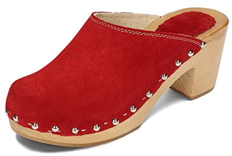 BeComfy Zuecos de Mujer Tacón Zapatos de Madera Calzado Cuero Gamuza Ante 35-41 EU (Rojo, Numeric_40)
