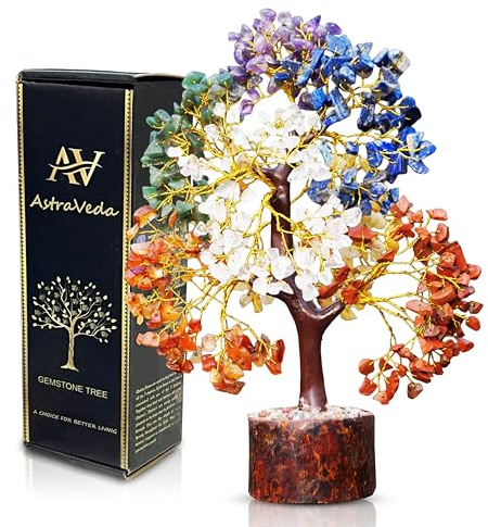 AstraVeda 7 Chakra Crystal Tree of Life, 500 Natural Gemstone Beads | Handcrafted 500-bead chakra Tree of Life with seven gemstone colours, for shelves, meditation rooms and meaningful gifts