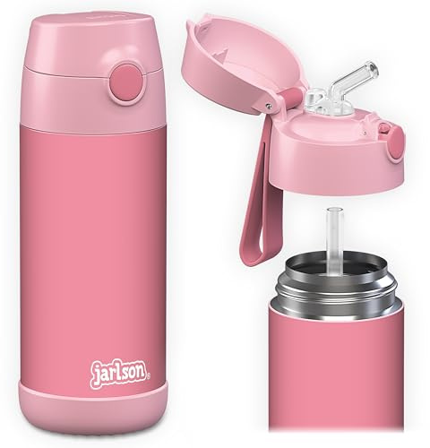Jarlson® Charli Dricksflaska i rostfritt stål med sugrör, termosflaska, TÜV-testad, BPA-fri, läckagesäker, termisk vattenflaska för skola och barnrum, 350 ml (rosa)