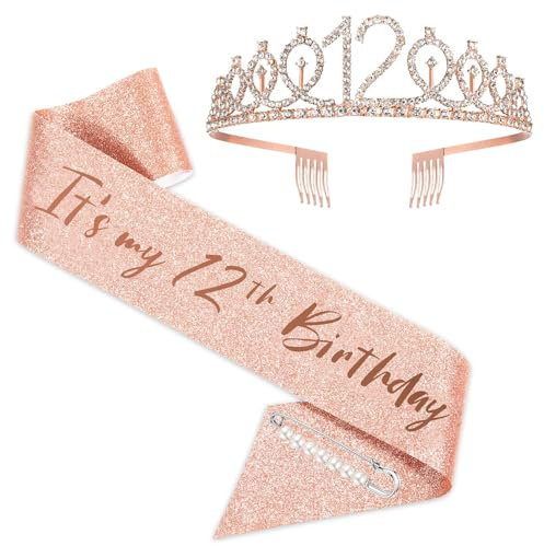 12th Birthday Sash and Tiara Set Rose Gold Birthday Sash Crown Birthday Party Favors Supplies for Girls Birthday Party