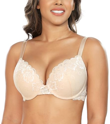 Lemorosy Damen Blumen Spitze BH mit Bügel Push Up V-Schnitt Große Größen Starker Halt Gepolstert Schalen Bequem Klassisch BH (Beige,75C)