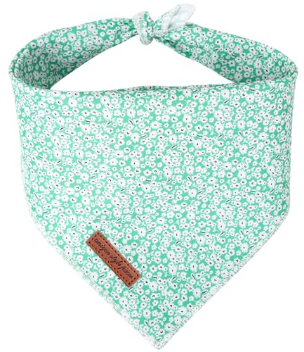 Unique style paws Summer Dog Bandanas Pet Scarf for Boy and Girl Premium Durable Fabric Colorful Green Background with White Flowers Dog Kerchief for Medium and Large Dogs L
