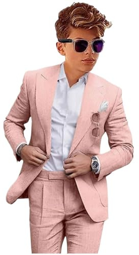 Costume en lin pour garçons 2 pièces Veste légère et pantalon pour été Partie formelle pour mariage, rose, 14 ans