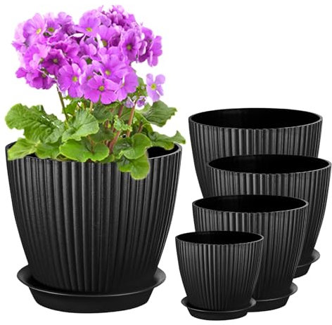 PROFIKLA 18/15/14/13/11.5cm Plastic Plant Pots, Pack of 5 Flower Pots, Plant Pots with Drainage Holes and Saucers, Modern Decorative Planters, Black