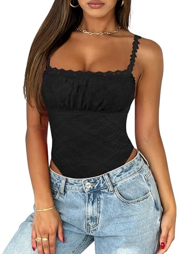 Saslax Women's Sexy Square Neck Lace Sleeveless Bodysuit Tank Tops Double Lined Body Suit Thong Outfits Black XL