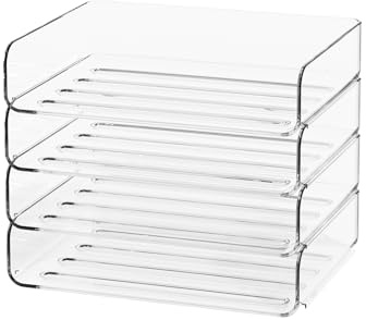 FANXIYQ 4-Tier Acrylic Paper Tray Organizer - Low-Profile Desk File Sorter for Office/Home, Clear Stackable Letter Tray for Bills, Crafts, Notebooks