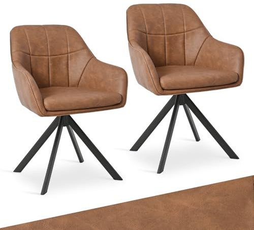Goeurvant Lot de 2 Chaises Pivotantes 360° en Simili Cuir Marron Clair avec Accoudoirs – Chaises de Salle à Manger Rembourrées avec Pieds en Métal, pour Cuisine, Bureau, Salon