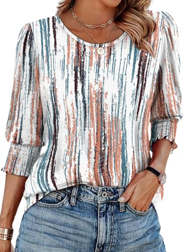 Aokosor 3/4 Sleeve Tops for Women UK Summer T Shirts | Blouses for Women, Womens Tops Dressy Causal, Crew Neck, Puff Sleeve, Elastic Cuff, Curved Hem,Loose Fit