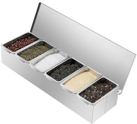 Contenedor de ingredientes de acero inoxidable, extraíble con 6 compartimentos, soporte para pizza con tapa, contenedor de ingredientes para mesas, bufés, fiestas, 46 x 15 x 9 cm