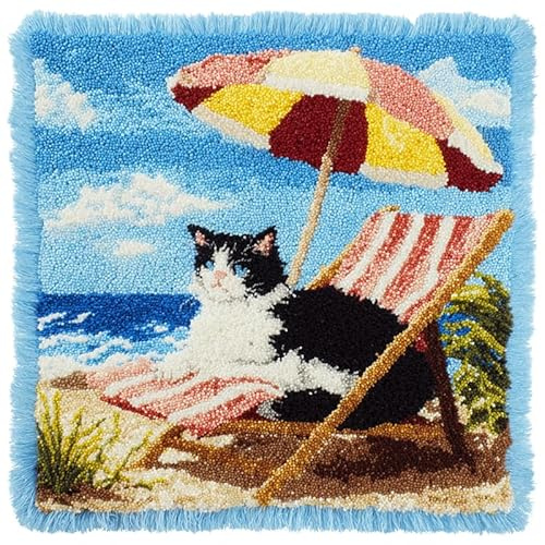 WallustrioaW paisaje Kit Completo de Funda de Cojín con Gancho de Cierre,gato en una silla de playa,Kit de Funda de Almohada,Cojines de Ganchillo para Niños,Adultos y Principiantes,43x43cm