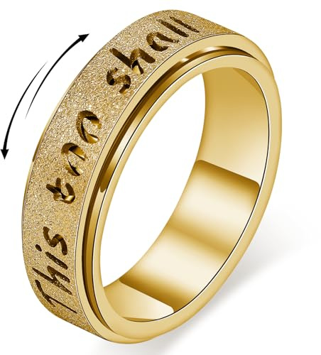 LuckyAmor Fidget Spinner Ring for Women - THIS TOO SHALL PASS Stainless Steel/18K Gold/Silver Anxiety Rotating Inspirational Band Ring for Stress Relief (Gold, 8)