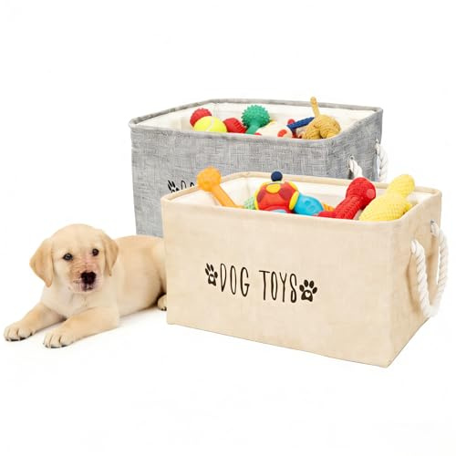 SHILIPAIJC 2pcs Dog Toy Basket, Foldable Dog Toy Box Dogs Toy Storage with Cotton Handle, Pet Puppy Cat Toy Storage Basket Toy Storage Bin for Organizing Pet Toys Blankets Clothes Leashes (40x30x20cm)