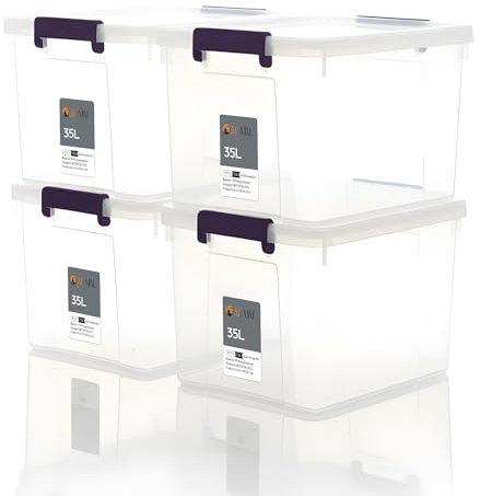AL AJAL Plastic Storage Containers | Storage Boxes with Lids, Stackable Organizer Boxes with Handles for Clothes, Toys, Office (Pack of 4) (35L (PACK OF 4)