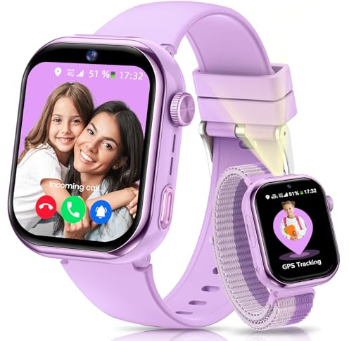 4G Reloj Inteligente Niña, 1.83'' HD Smartwatch Niñas con GPS y Llamadas, Videollamadas, Chat de Voz, Modo Escuela, Doble Cámara, Monitor de Sueño, Podómetro, Despertador IP68 para Niñas Niños Púrpura