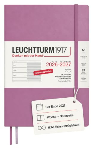 LEUCHTTURM1917 Veckokalender 2027 A5 med anteckningsbok, linjerad – möteskalender tyska, 18 månader juli 2026 – december 2027, Dusty Rose, Softcover, 210 x 145 mm, veckoöversikt vänster +