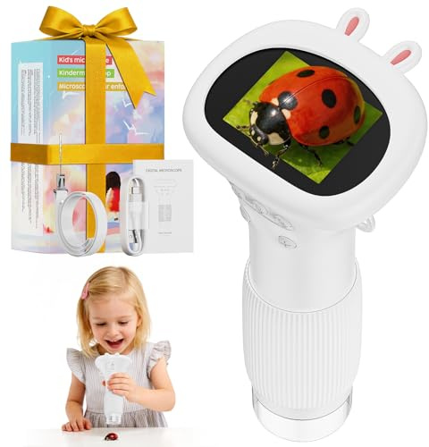 ASPOVEN Microscopio Digital Portatile Niños Zoom 1000X con Pantalla(Blanco) | Microscopio Recargable con 8 Luces LED, Ciencia Experimentos Juguetes Niños para Cumpleaños/Navidad/Año Nuevo