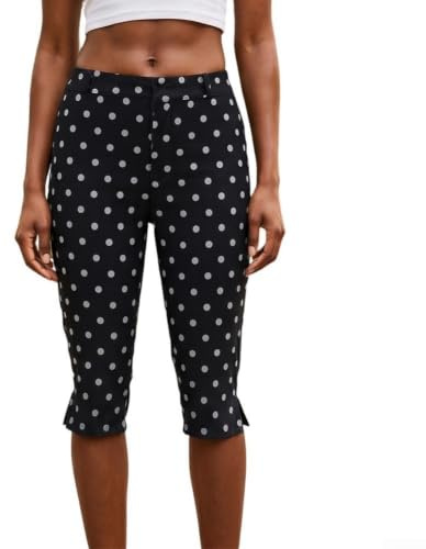 Legging capri à pois pour femme, longueur genou, extensible, coupe ajustée, pantalon décontracté, tissu extensible moyen, motif à pois blancs ou noirs (taille L à pois noirs)