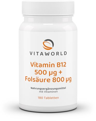 3er Pack Vita World Vitamin B12 500 µg + Folsäure 800 µg 3 x 180 Tabletten Vegan/Vegetarisch Apotheker-Herstellung