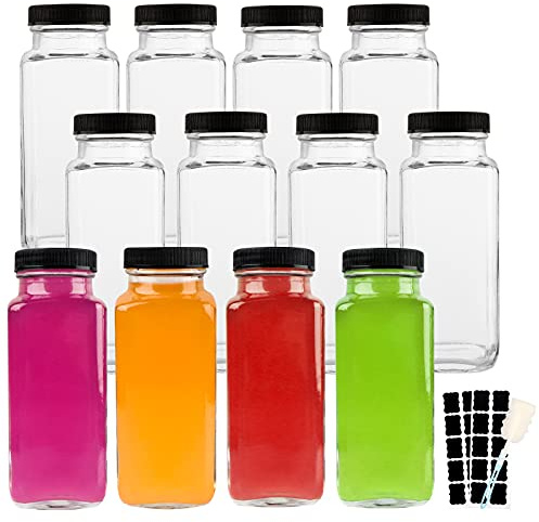 HINGWAH 8.5 OZ Glass Drink Bottles, Set of 12 Vintage Glass Water Bottles with Lids, Great for storing Juices, Milk, Beverages, Kombucha and More (Labels and Sponge Brush Included)