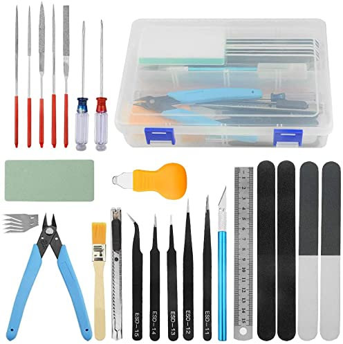 BGTXINGI 28-teiliges Modellbauwerkzeug-Set Gundam Modell-Werkzeug-Set mit Kunststoffbox für Modellbau, Auto, Hobby, Modellbau, Reparatur und Befestigung