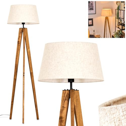 Bassagoda golvlampa, golvlampa av trä/metall/väv i naturfärger/svart/beige, lampa i skandinavisk design med rund skärm (Ø 45 cm) och fotbrytare, 159 cm, 1 x E27, utan glödlampa