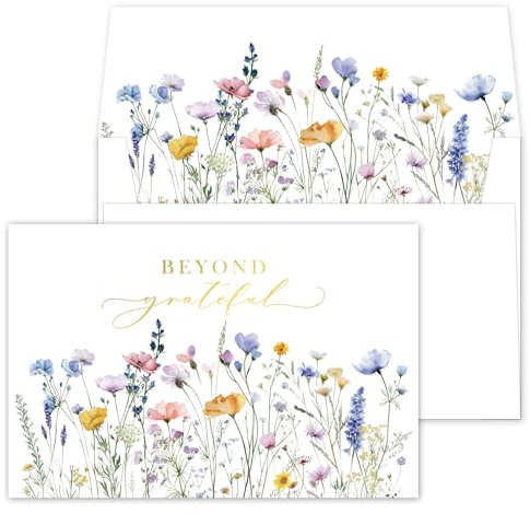 Gooji 4x6 Meadow Bloom Beyond Grateful Floral Thank You Cards, Bridal Shower Thank You Cards, Wedding, Baby Shower, Birthday, Baptism, Small Business (Bulk 20 Pack) Watercolor Flower Design