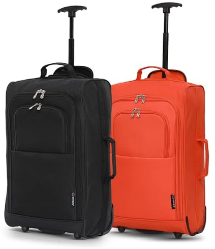 5 Cities 2 x 55cm Lightweight Travel Suitcase Cabin Approved Wheeled Carry On Luggage, Black and Orange, 55 cm, Carry-on Luggage