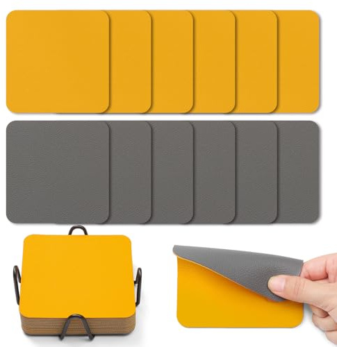 Myir JUN Coasters set of 12 Coasters with Holde Double Sided Faux Leather | Glass Coasters 4 inch Coaster Washable Non-slip Waterproof Easy to Clean(Gray Yellow)