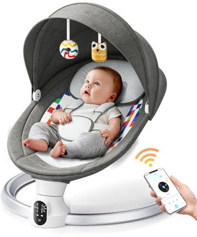 Electric Baby Bouncer,Helangel Electric Baby Swing Chair from Birth Electric with Mobile App and Remote Control for Children up to 9 kg Weight with 5 Point Safety Harness (Dark Grey)