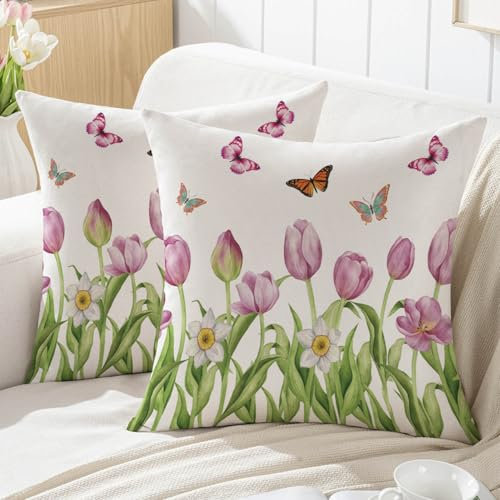 Jayusaror Kissenbezug 40x40 Frühling Rote Blumen Blätter Outdoor Sofakissen Landhausstil Kissenhüllen Dekokissen Kissen Couchkissen Kissenbezüge Zierkissenbezug Garten Sofa Deko，2er Set