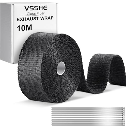 vsshe 10M Hitzeschutzband Auspuff, Auspuffband mit 10 Edelstahl Kabelbinder, 10m*50mm Hitzeschutz Auspuff Bandage | Hitzebeständiger Auspuffverband, für Motorrad Fächerkrümmer Thermoband Krümmerband