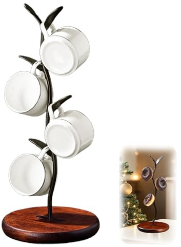 Gevvnss Coffee Mug Holder,Wooden Mug Tree with Thicker Base,Coffee Cup Stand with 4 Hooks,Cup Holder for Counter,Coffee Mug Rack Organizer for Home Kitchen Bar Cafe Accessory