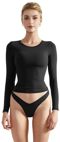 SUUKSESS Women Double Lined Fitted Basic T Shirts Crew Neck Long Sleeve Crop Top Black