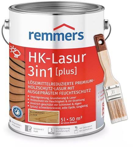 RemmersSet HK-Lasur 3in1 Plus + Pinsel Bandloo Set – Holzlasur für Außenbereich: Imprägnierung, Grundierung & Lasur in einem, Schutz vor Feuchtigkeit & UV-Strahlung, Varnish (Farblos, 5 L)
