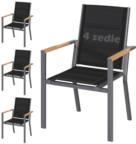JUMMICO Lot de 4 Chaises de Jardin en Aluminium avec Accoudoirs Imitation Bois – Empilables et Rangeables sous Table, Charge 160 kg – Idéales pour Jardin, Cour, Balcon