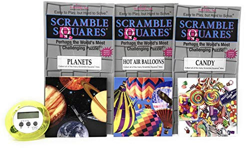 Bundle of Scramble Squares B. Dazzle Puzzles for Seniors/Adults/Teens/Kids - 3 Puzzles Included - Hot Air Balloons, Planets and Candy with A Bonus Digital Timer