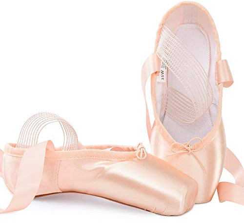 Soudittur Chausson de Danse Classique Pointe Chaussures de Ballet Satin Rose avec Élastique Bande et Protège-Orteils pour Ballerines Fille Femme EU 35 (Prendre Une Taille au Dessus)