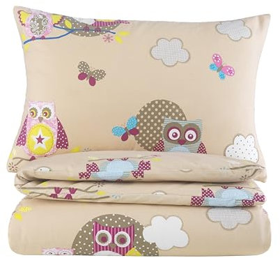 Kinder Baby Bettwäsche Set für Mädchen und Jungen | 100x135 cm + 40x60 cm | 100% Baumwolle Renforcé | Reißverschluss | Eule |Creme – beige