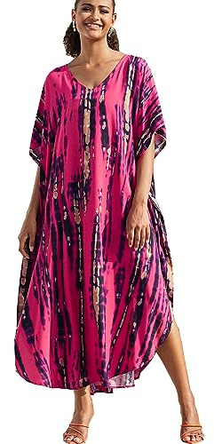 YOUKD Imprimé Floral Robe Longue Caftan à Col en V Boho Robe Longue de Plage Couvrante pour Maillot de Bain pour Femme