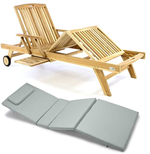 Divero Sonnenliege Holzliege Gartenliege Teak-Holz unbehandelt mehrfach verstellbar inkl. Räder Tablett + Liegen-Auflage 4-teilig wasserabweisend grau