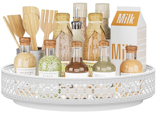 EKNITEY Lazy Susan Drehteller-Organizer – 33 cm drehbares Gewürzregal aus Metall, Gewürzaufbewahrung für Schrank, Speisekammer, Küche, Blumenmuster, Weiß