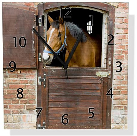 Wallario Design Wanduhr Pferd im Stall aus Aluverbund, Alu-Uhr Größe 30 x 30 cm, Schwarze Zeiger mit Metalloptik