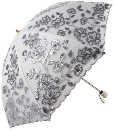 ihreesy Regenschirm Sturmfest mit 8 Rippen, Sonnenschirm Taschenschirme Brautschirm Stickerei Faltschirm doppelstöckig faltbarer Spitzenschirm UV-Schutz Hochzeitsschirm für Braut Damen,grau