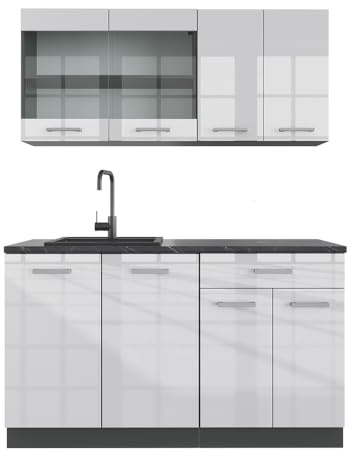 Vicco Singleküche R-Line, Weiß Hochglanz, 140 cm, AP Anthrazit, zur flexiblen Erweiterung mit weiteren Modulen geeignet