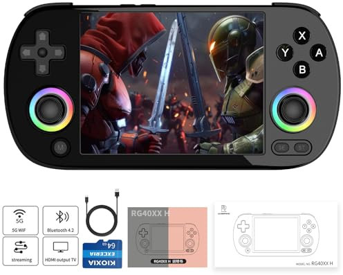 RG40XX H Retro Handheld Game Consoles RG40XXH Retro Gaming Console with 64 TF Card Portable Gaming Console Linux 64-bit System 4 inch IPS Screen Supports WiFi Bluetooth HD and TV Output Black