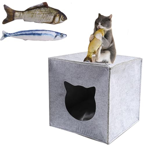 Cat Cave Bed Indoor Igloo - Cat Cooling House, Cat Tent Bed 33X37X33CM Enclosed Foldable Pet Bed Cube Cat House with 2 Catnip Fish Toy Portable Cat Beds Light & Washable Animal Friendly Gray