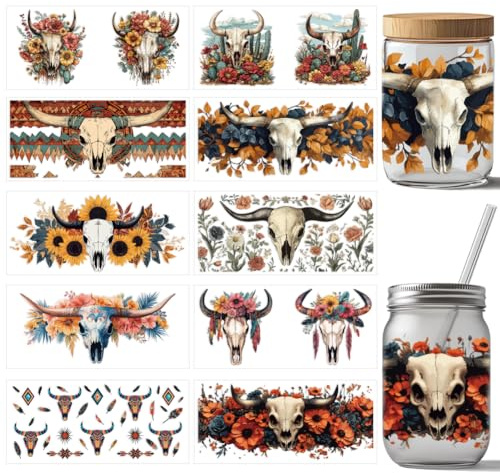 arricraft 10 Pcs Cow Skull UV DTF Cup Wrap Transfer Sticker, 10 Styles Flowers Western Transfer Halloween Paper Rub on Stickers PVC Cup Wrap Waterproof Decals for Glass 24x11cm/9.4x11inch