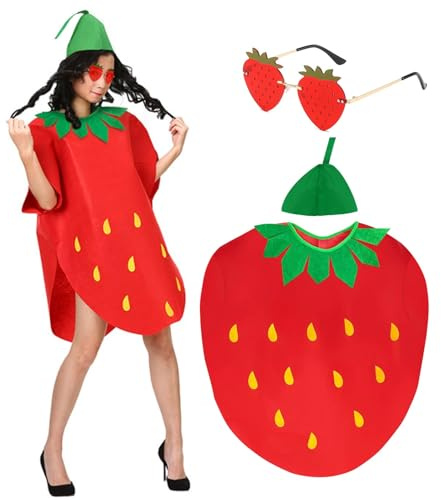 Znnhnn Costume Fragola,Mantello Stampato+Occhiali da Fragola+Cappello,Costume da Fragola Unisex per Adulti,Costume da Frutto alla Fragola per Carnevale,Halloween Festa (Rosso)