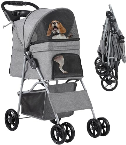 YITAHOME Cochecito para perros de 4 ruedas con cesta de almacenamiento, cochecito para mascotas para perros pequeños a medianos, carro de viaje plegable para mascotas con portavasos y cesta de